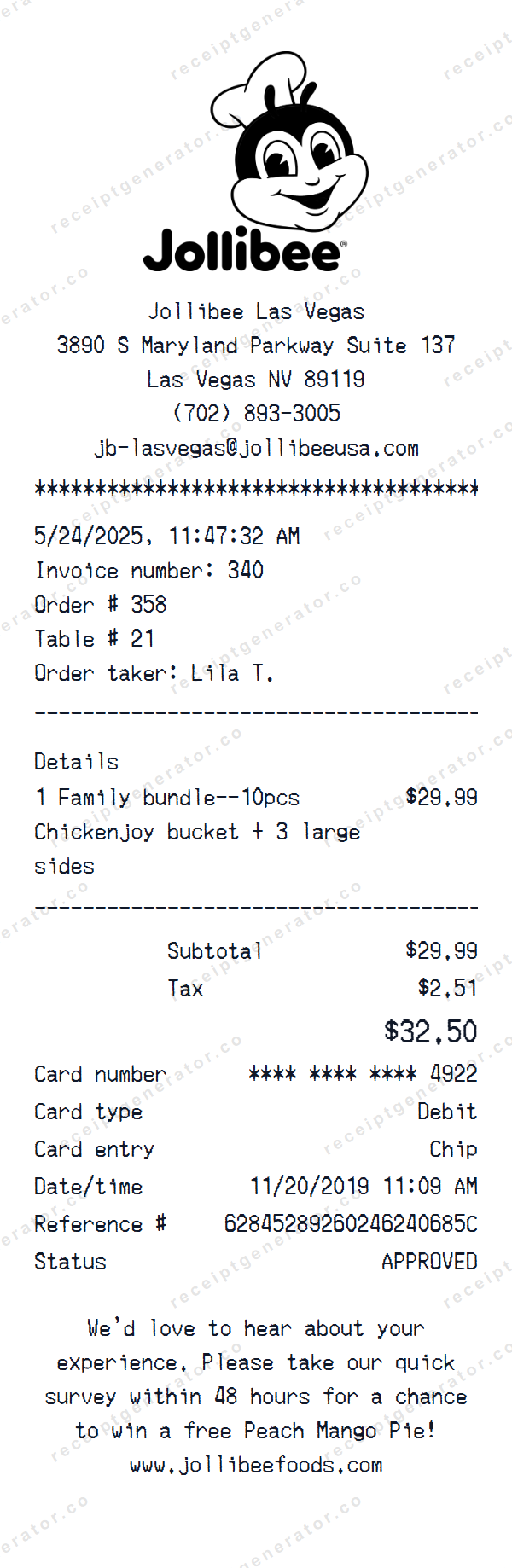 Jollibee Receipt Template Jollibee receipt template preview — realistic Jollibee receipt with items, prices, tax, and payment details