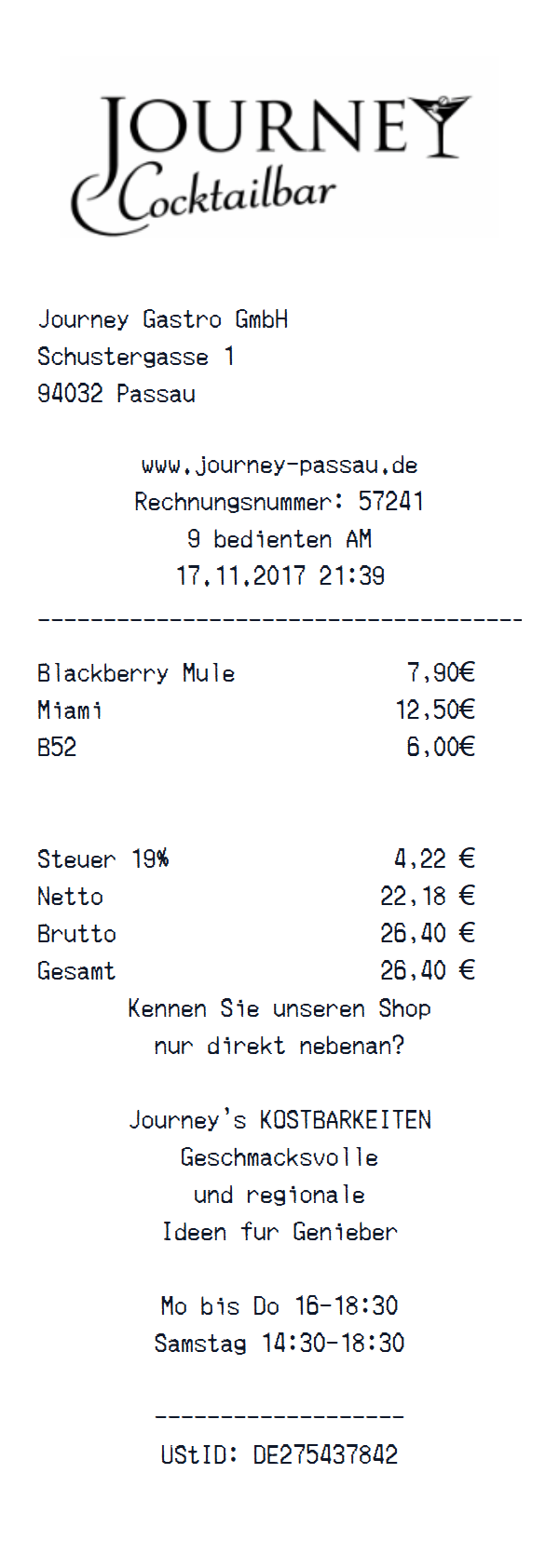 Journey Cocktailbar receipt example