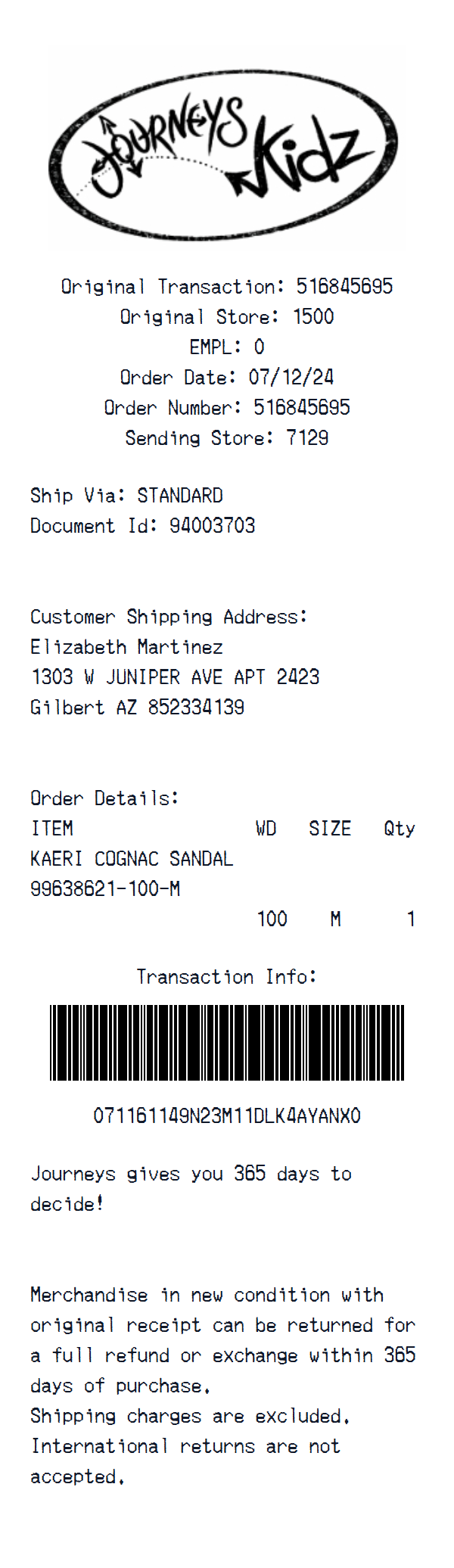 Journeys Kidz receipt example