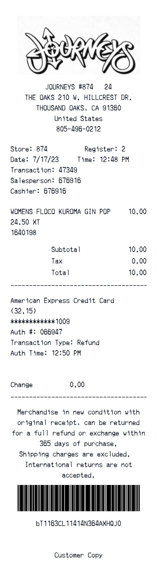 Journeys receipt example