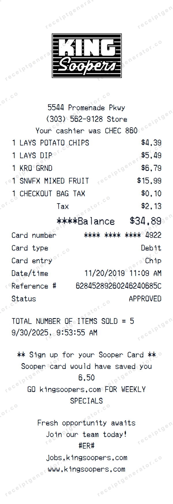King Soopers Receipt Template King Soopers receipt template preview — realistic King Soopers receipt with items, prices, tax, and payment details