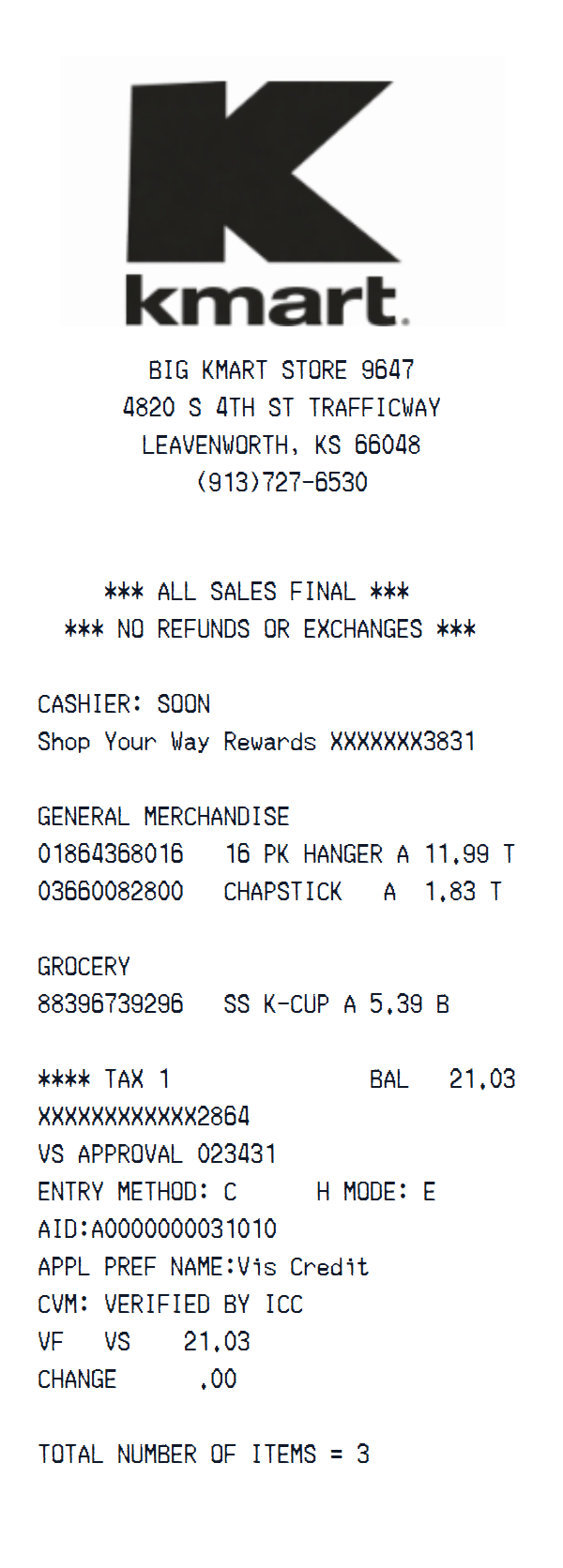 Kmart receipt example