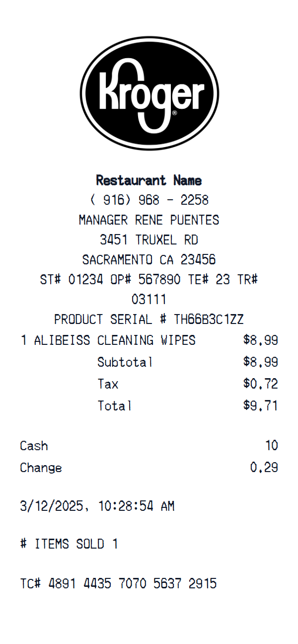 Kroger receipt example