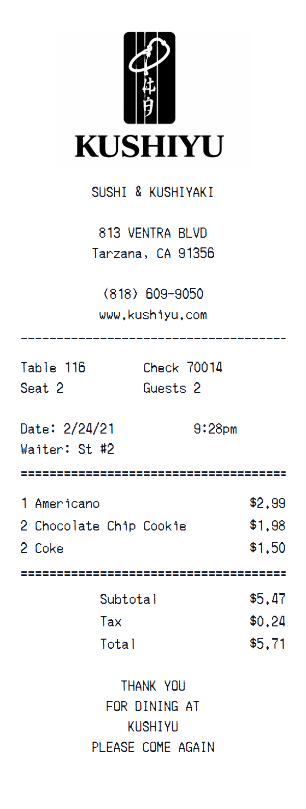 Kushiyu Restaurant receipt example