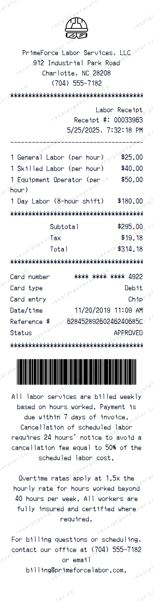 Labor Receipt Template Labor receipt template preview — realistic Labor receipt with items, prices, tax, and payment details