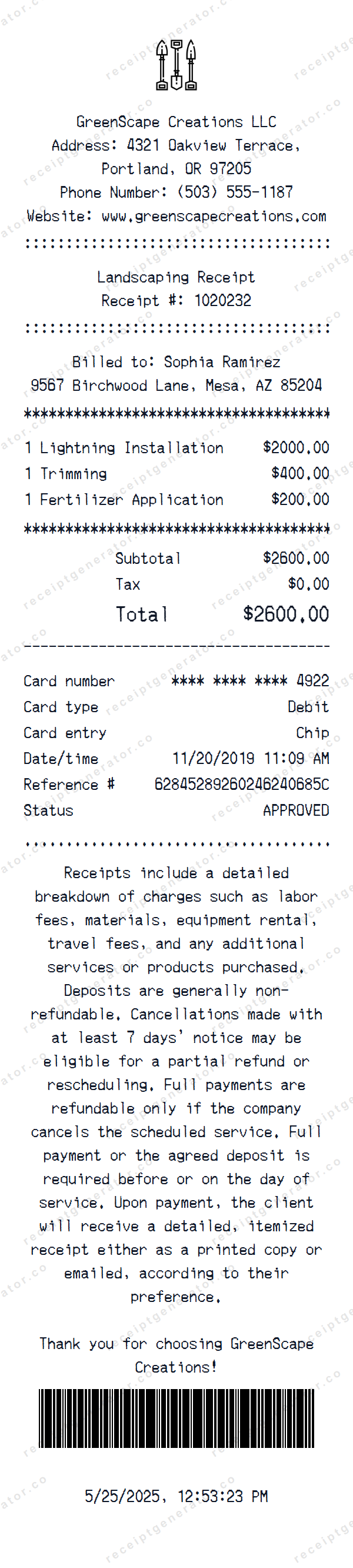 Landscaping Receipt Template Landscaping receipt template preview — realistic Landscaping receipt with items, prices, tax, and payment details