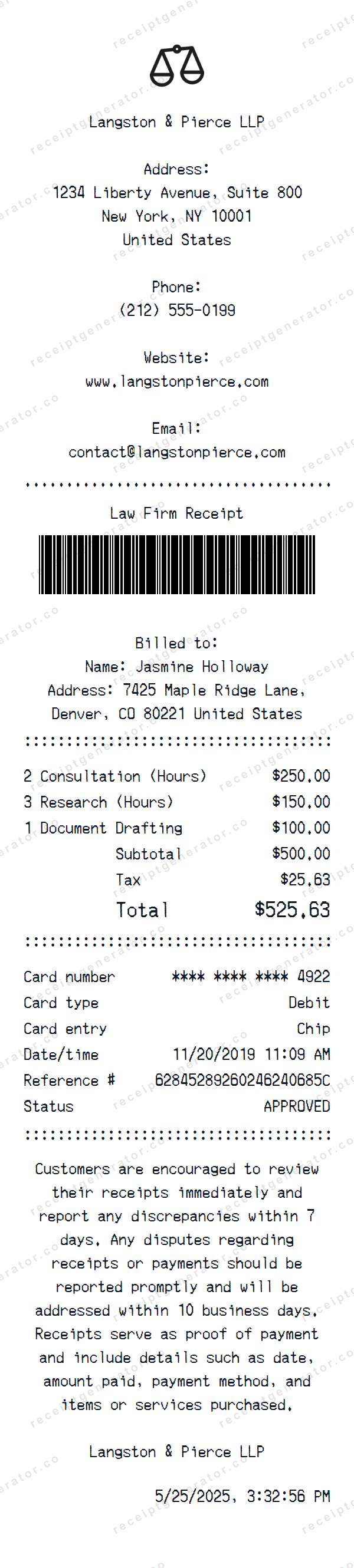 Law Firm Receipt Template Law Firm receipt template preview — realistic Law Firm receipt with items, prices, tax, and payment details