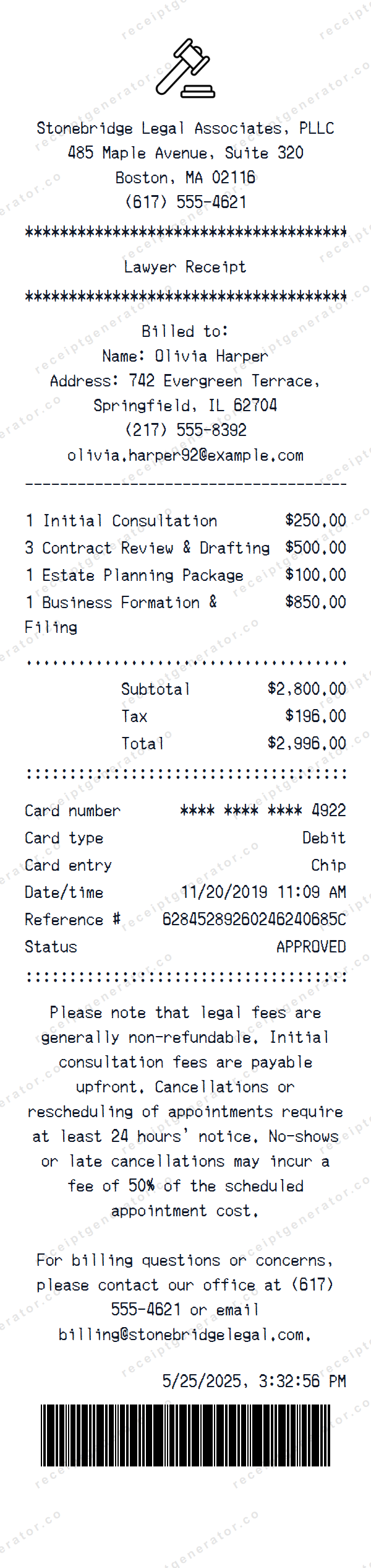 Lawyer Receipt Template Lawyer receipt template preview — realistic Lawyer receipt with items, prices, tax, and payment details