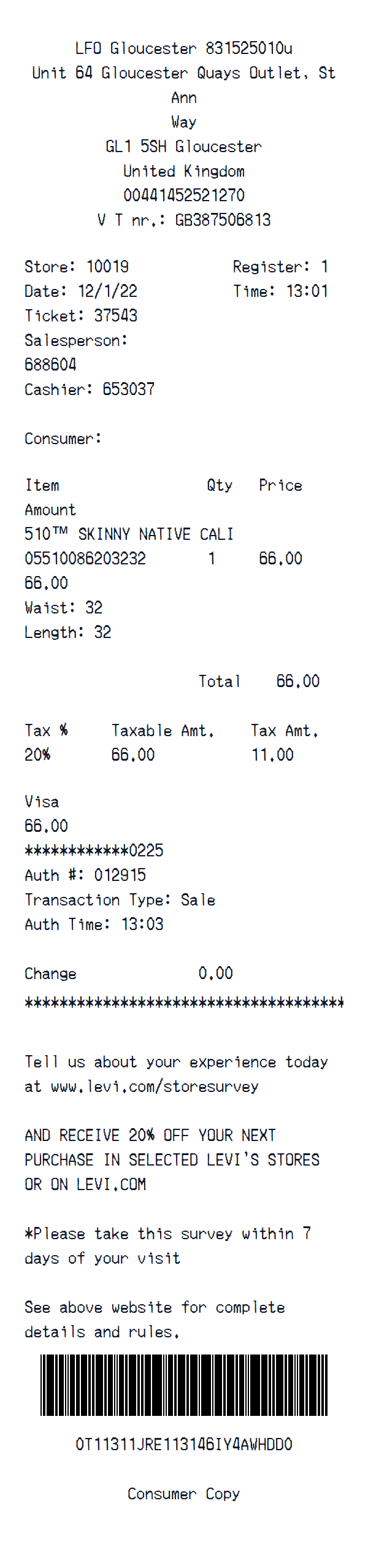 Levi’s receipt example