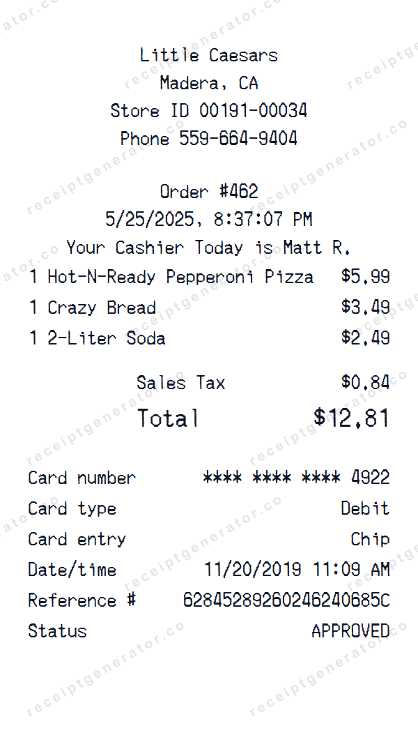 Little Caesars Receipt Template Little Caesars receipt template preview — realistic Little Caesars receipt with items, prices, tax, and payment details