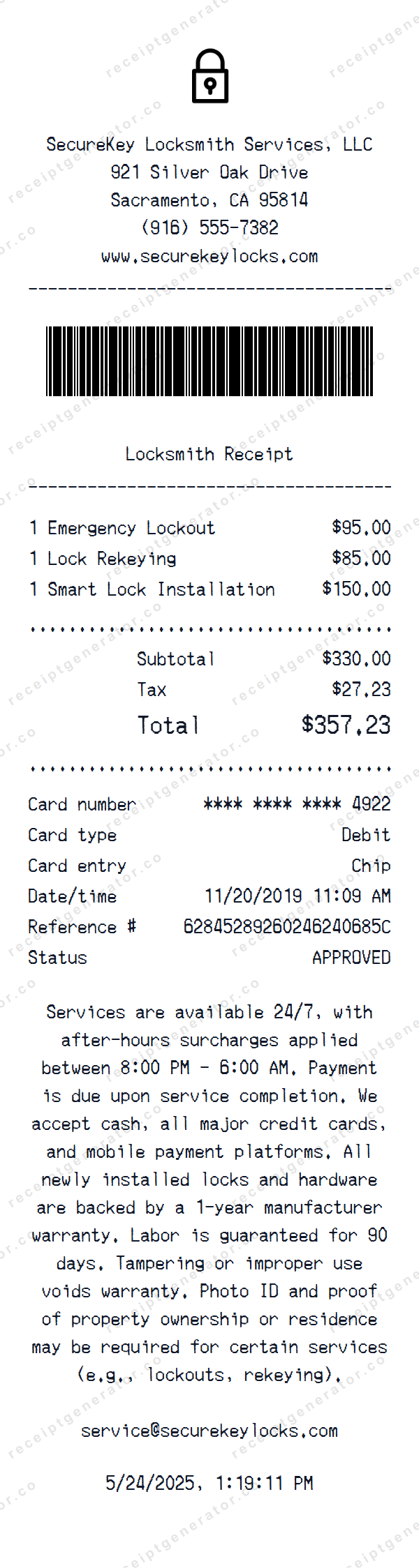 Locksmith Receipt Template Locksmith receipt template preview — realistic Locksmith receipt with items, prices, tax, and payment details