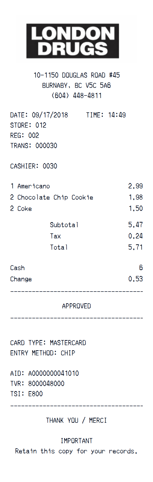 London Drugs receipt example