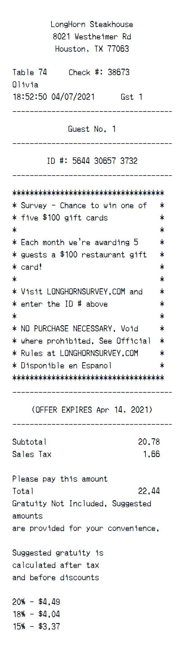 LongHorn Steakhouse Receipt preview