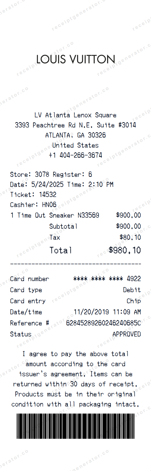 Louis Vuitton Receipt Template Louis Vuitton receipt template preview — realistic Louis Vuitton receipt with items, prices, tax, and payment details