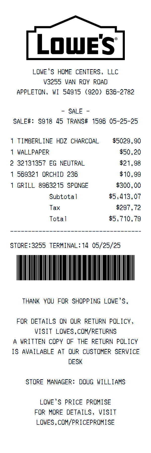 Lowe's receipt example