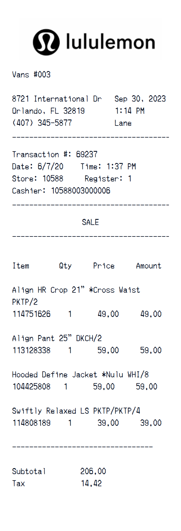 Lululemon receipt example