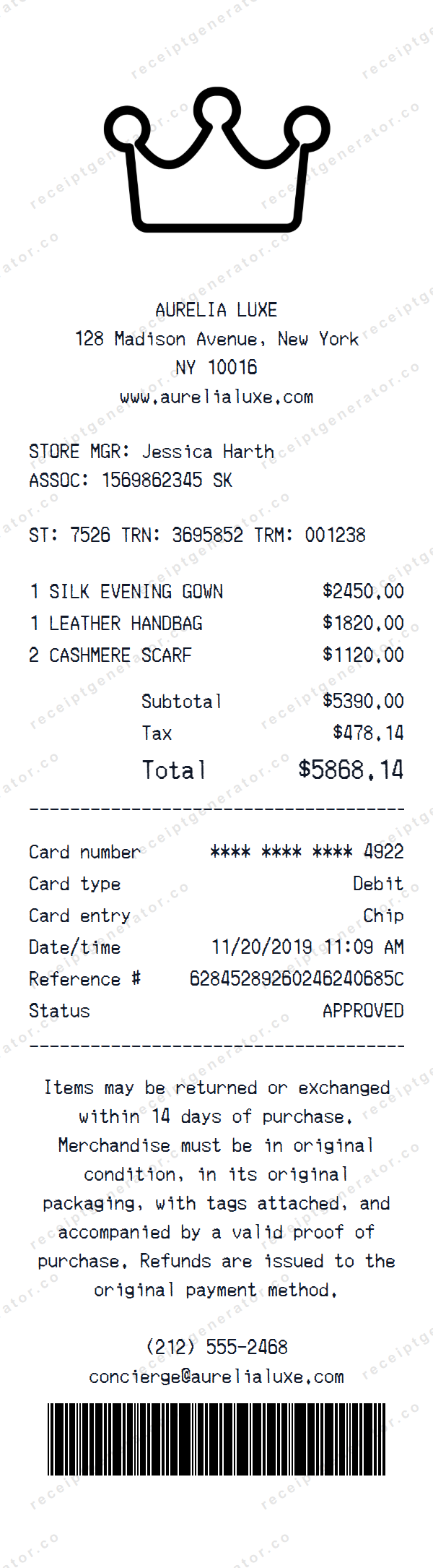 Luxury Brand Receipt Template Luxury Brand receipt template preview — realistic Luxury Brand receipt with items, prices, tax, and payment details