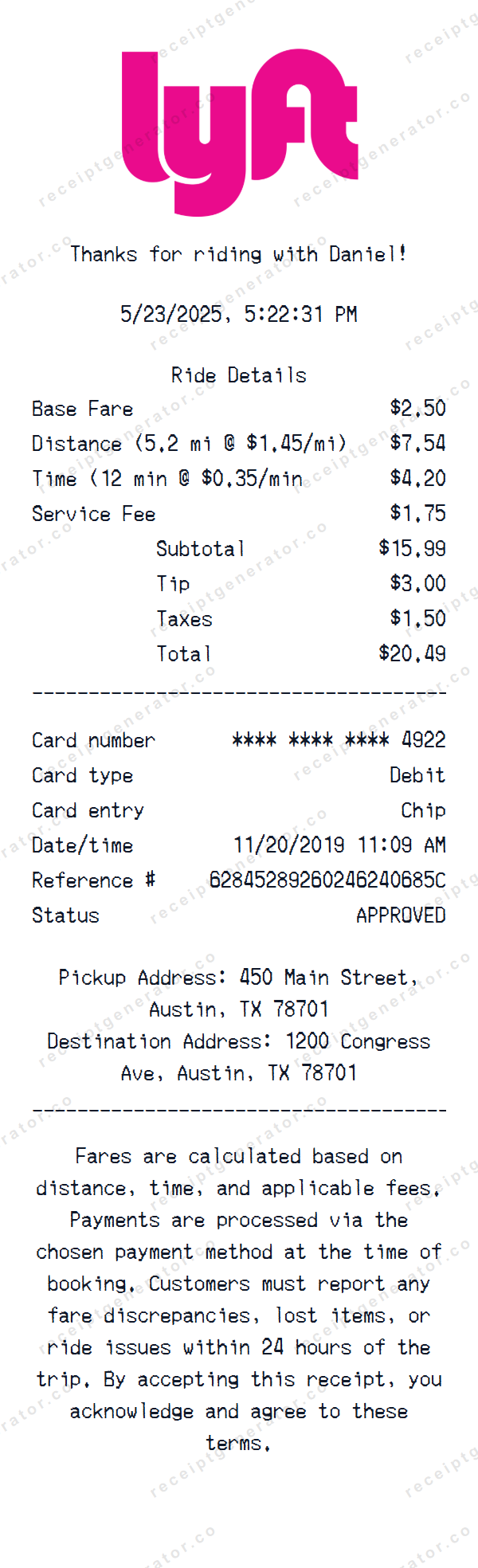 Lyft Receipt Template Lyft receipt template preview — realistic Lyft receipt with items, prices, tax, and payment details