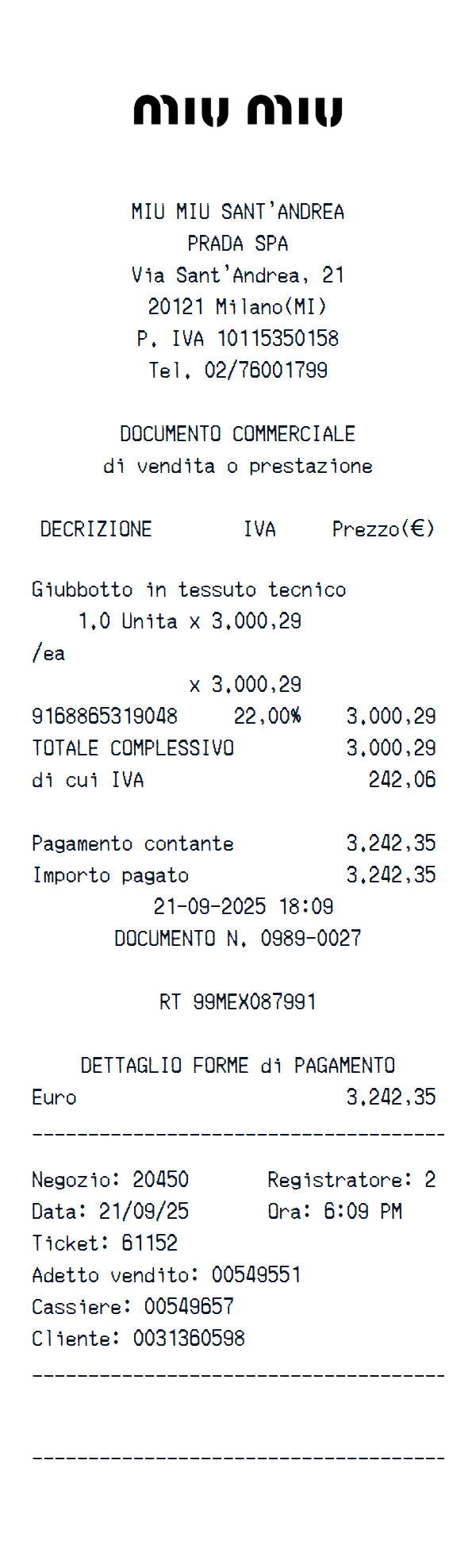 MIU MIU receipt example