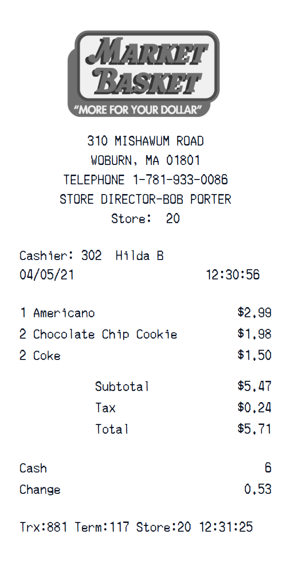 Market Basket receipt example