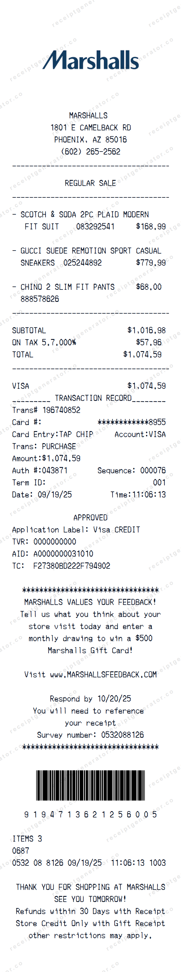 Marshalls Receipt Template Marshalls receipt template preview — realistic Marshalls receipt with items, prices, tax, and payment details
