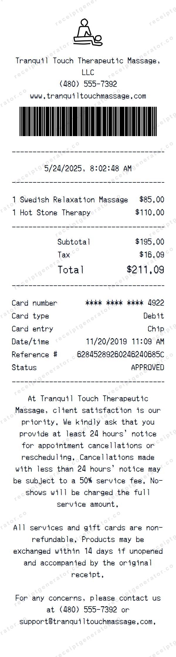 Massage Receipt Template Massage receipt template preview — realistic Massage receipt with items, prices, tax, and payment details