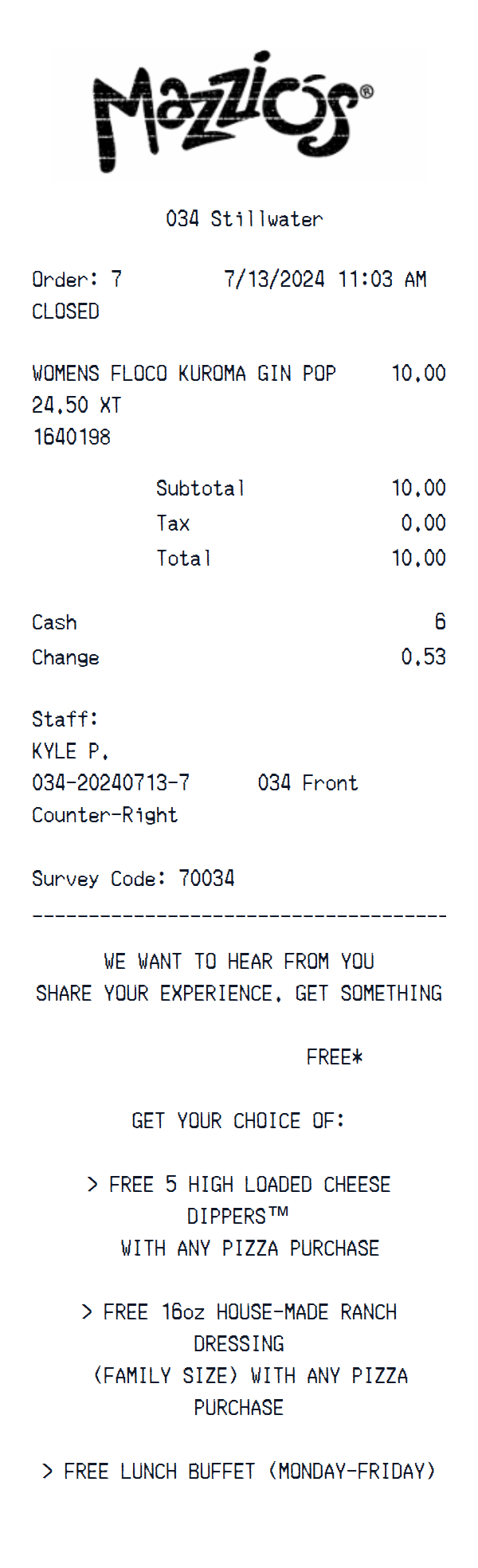 Mazzio's receipt example