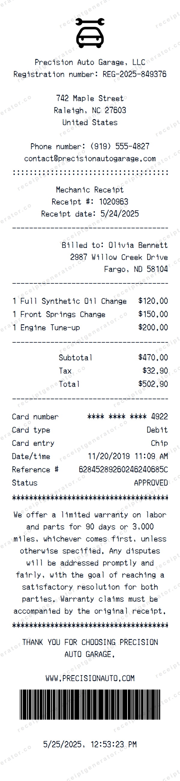 Mechanic Receipt Template Mechanic receipt template preview — realistic Mechanic receipt with items, prices, tax, and payment details