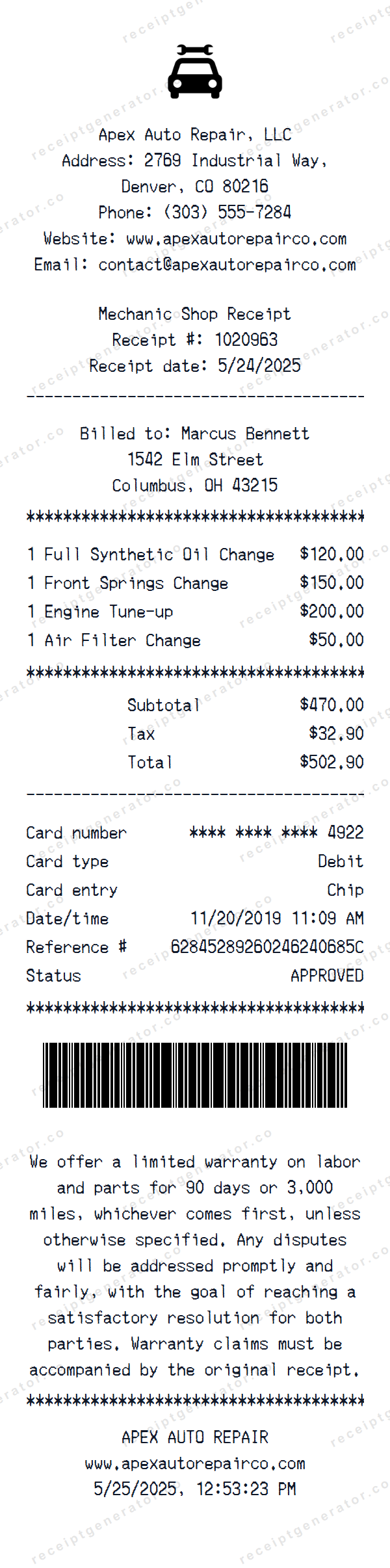 Mechanic Shop Receipt Template Mechanic Shop receipt template preview — realistic Mechanic Shop receipt with items, prices, tax, and payment details