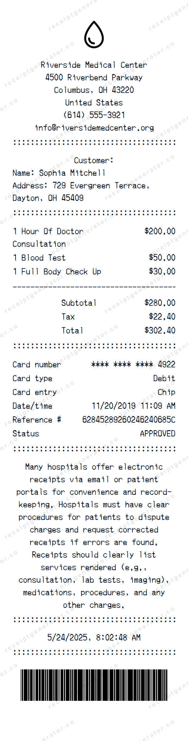 Medical Receipt Template Medical receipt template preview — realistic Medical receipt with items, prices, tax, and payment details