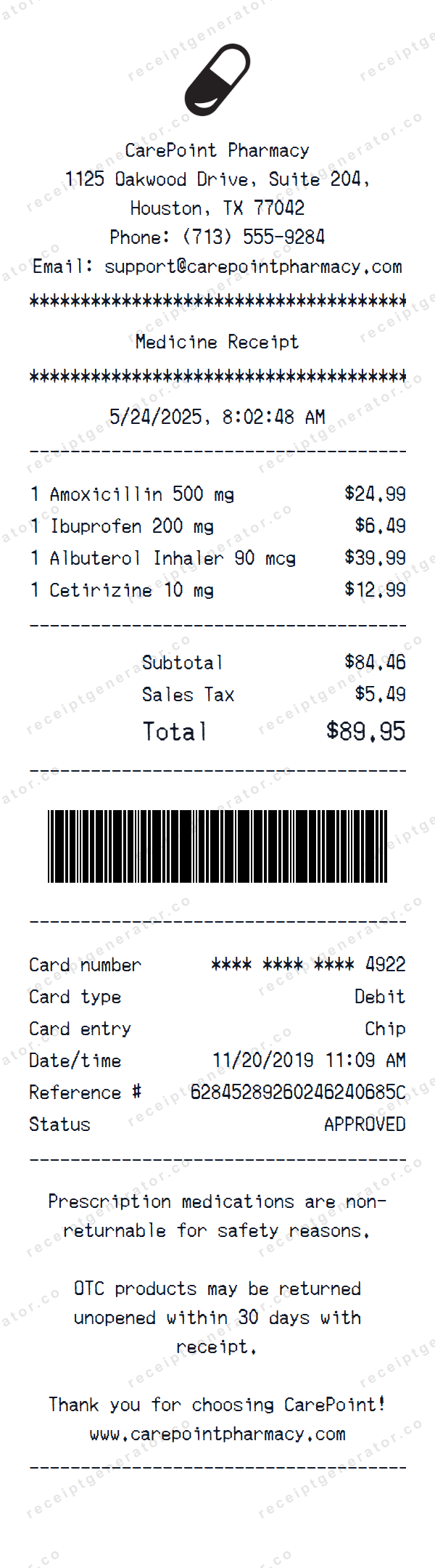 Medicine Receipt Template Medicine receipt template preview — realistic Medicine receipt with items, prices, tax, and payment details