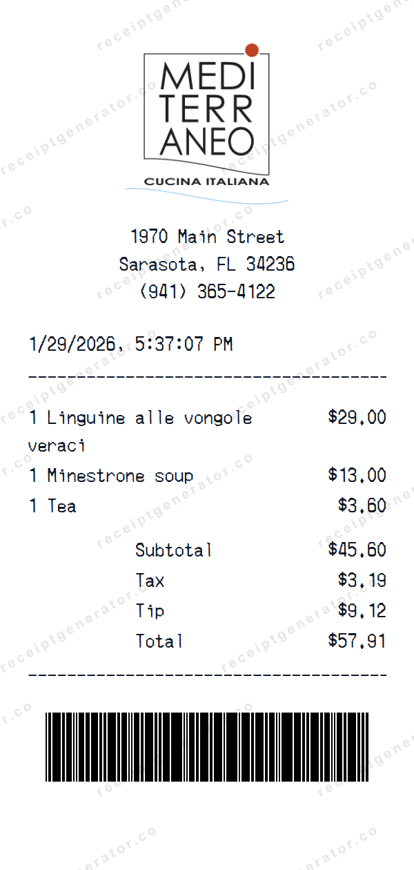 Mediterraneo Cucina Italiana Receipt Template Mediterraneo Cucina Italiana receipt template preview — realistic Mediterraneo Cucina Italiana receipt with items, prices, tax, and payment details
