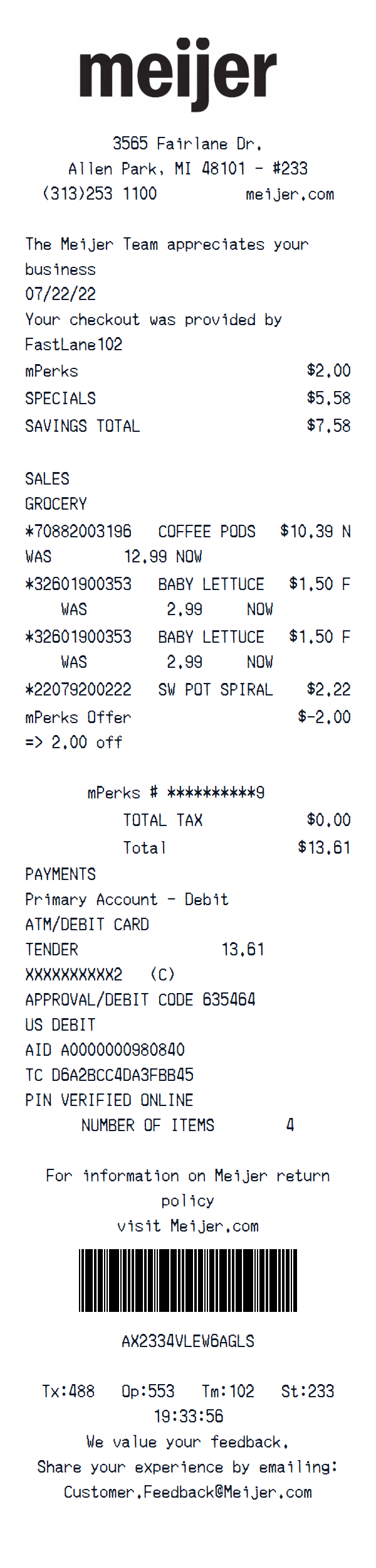 Meijer receipt example