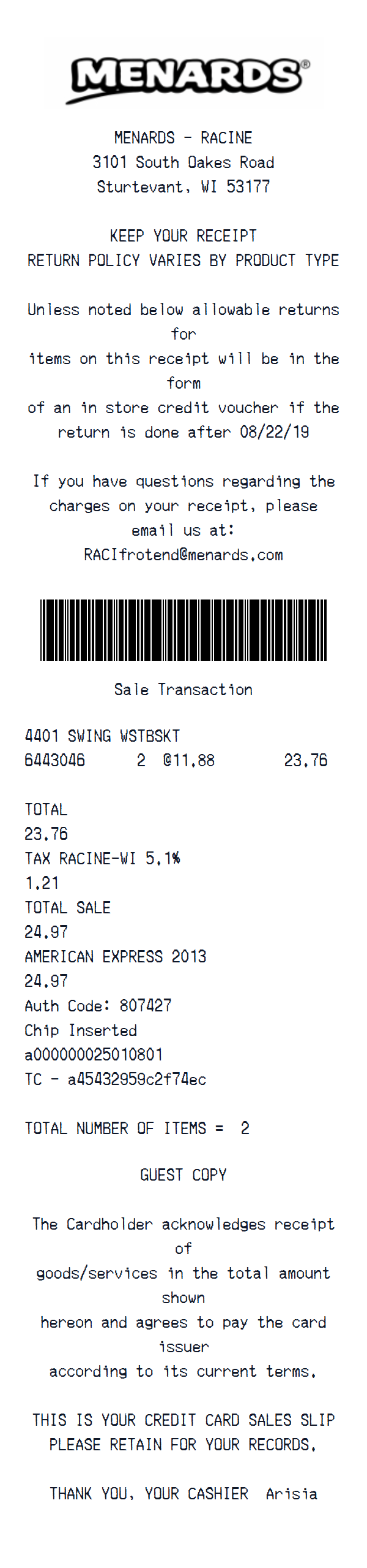 Menards receipt example