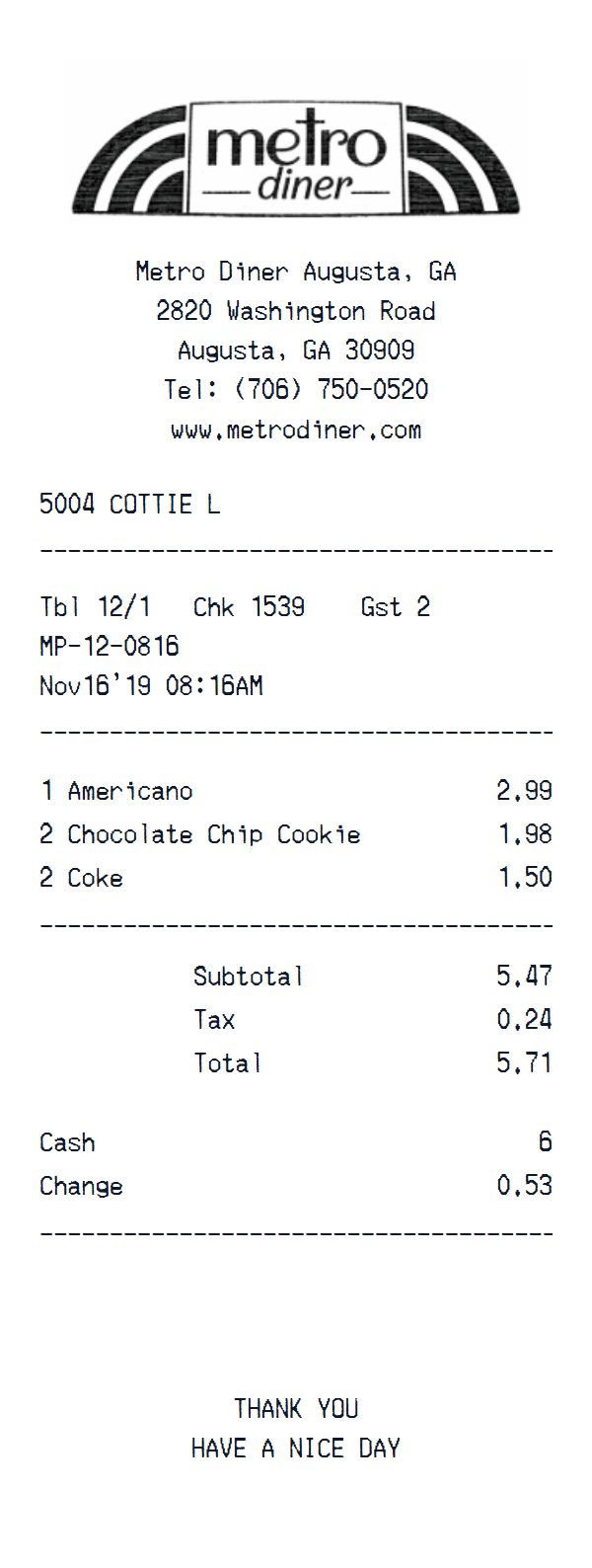 Metro Diner receipt example