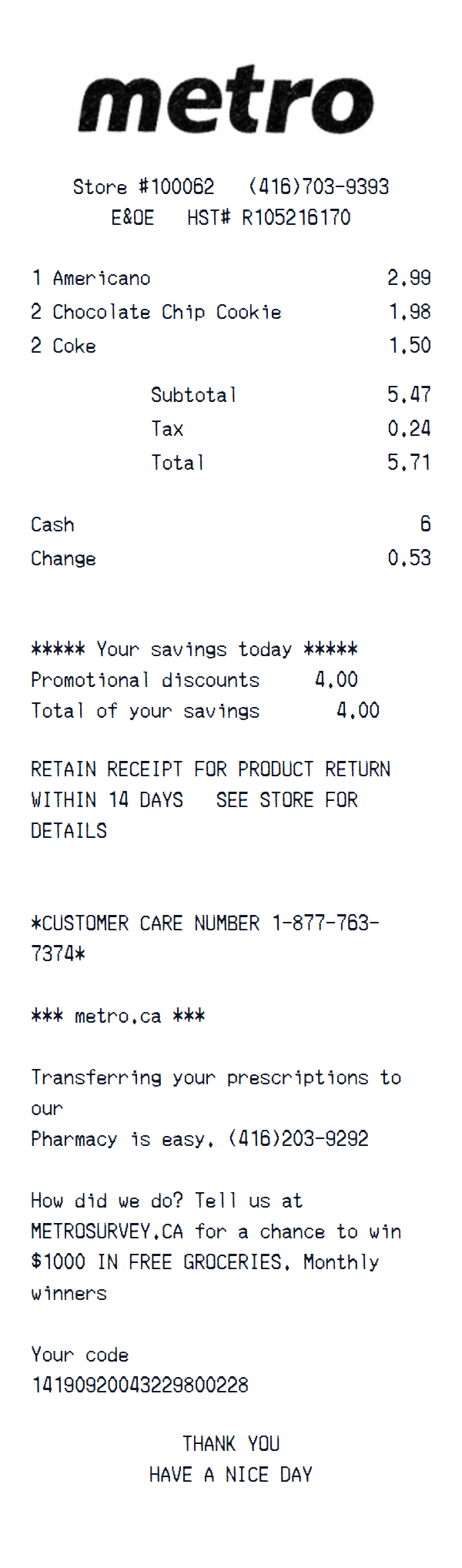 Metro receipt example