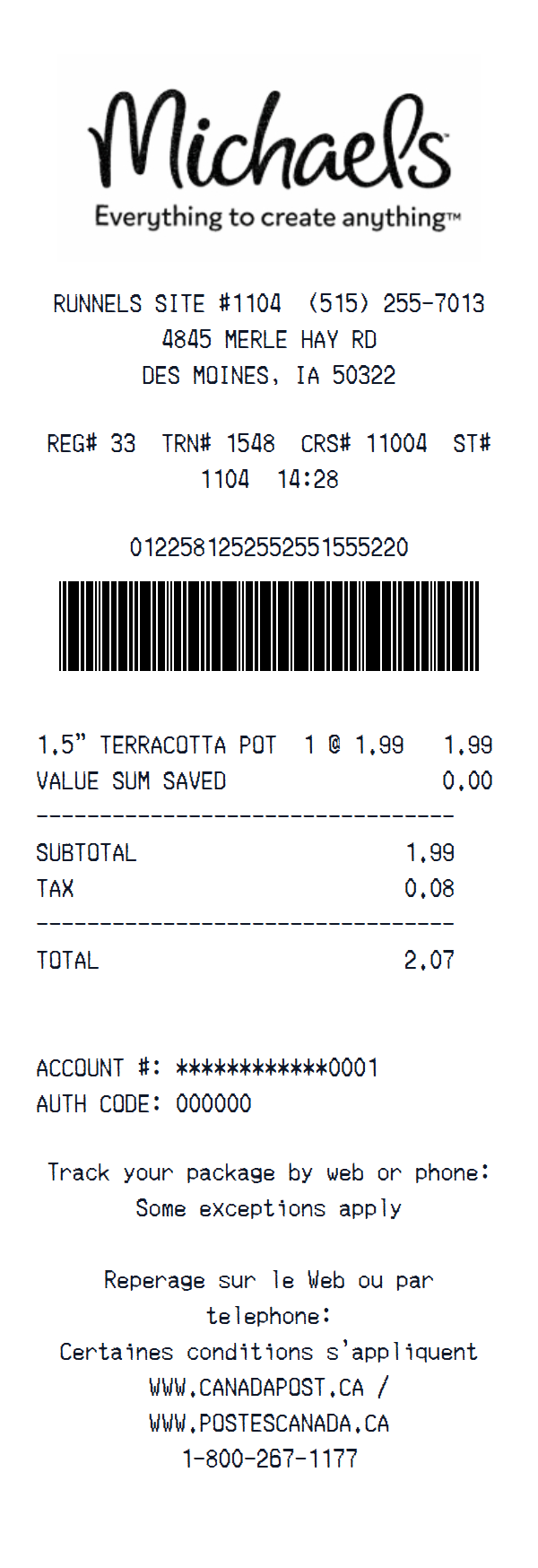 Michaels Craft Store receipt example