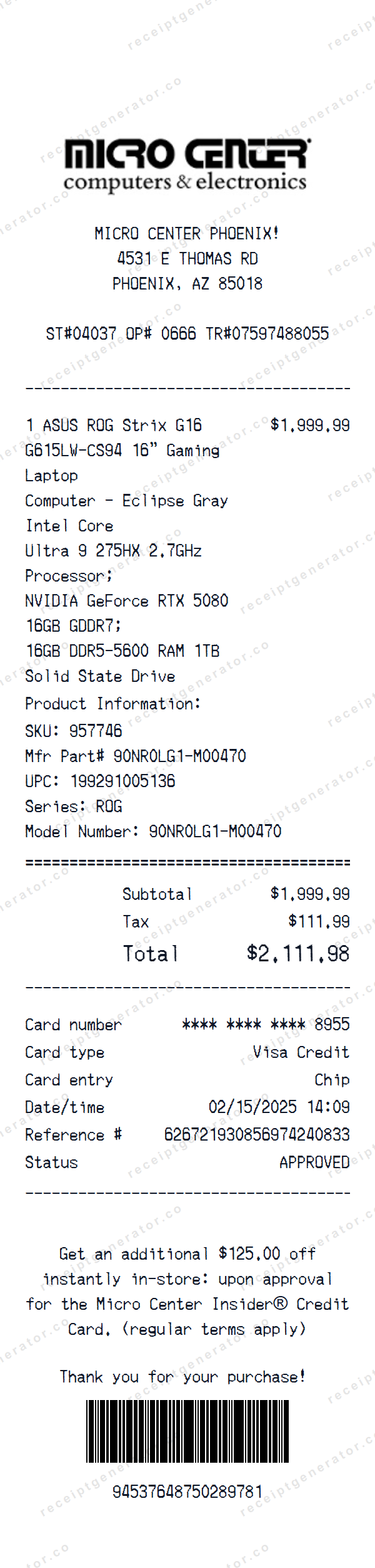 Micro Center Receipt Template Micro Center receipt template preview — realistic Micro Center receipt with items, prices, tax, and payment details