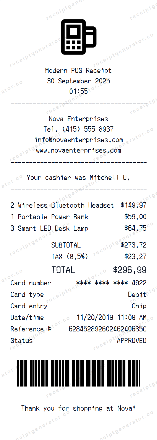 Modern POS Template Receipt Template Modern POS Template receipt template preview — realistic Modern POS Template receipt with items, prices, tax, and payment details