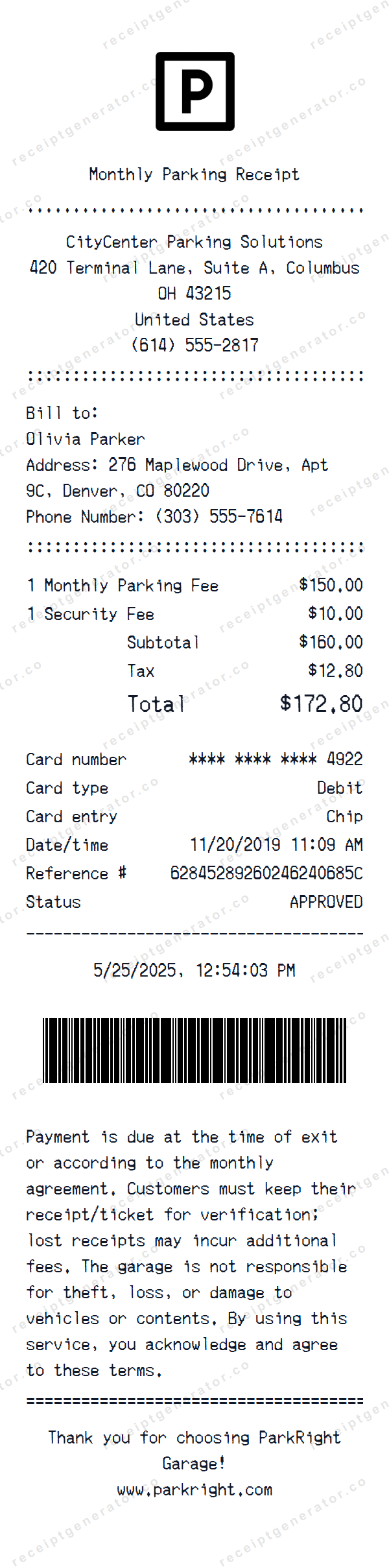 Monthly Parking Receipt Template Monthly Parking receipt template preview — realistic Monthly Parking receipt with items, prices, tax, and payment details