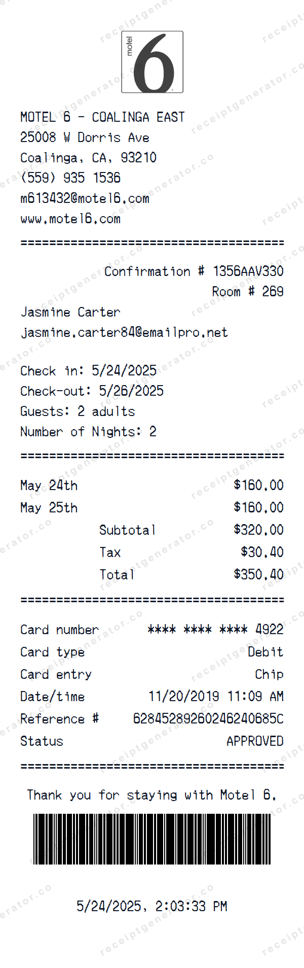 Motel 6 Receipt Template Motel 6 receipt template preview — realistic Motel 6 receipt with items, prices, tax, and payment details
