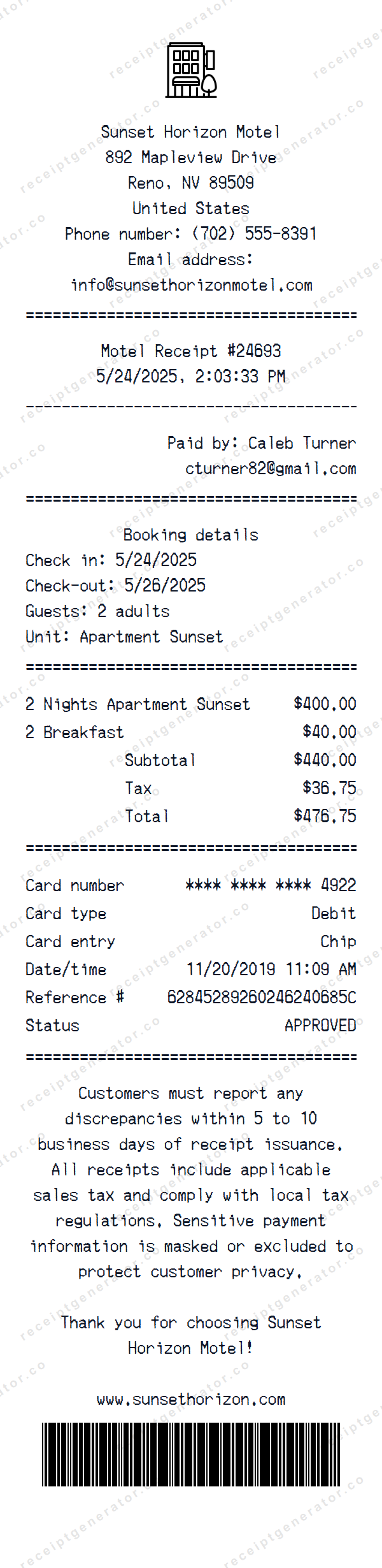 Motel Receipt Template Motel receipt template preview — realistic Motel receipt with items, prices, tax, and payment details