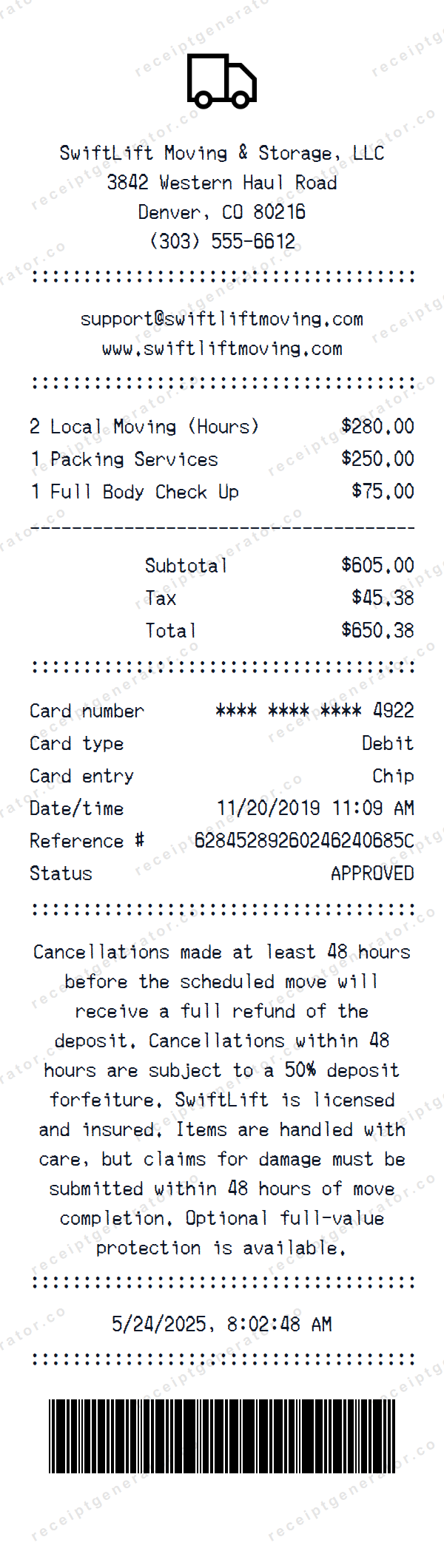 Moving Receipt Template Moving receipt template preview — realistic Moving receipt with items, prices, tax, and payment details