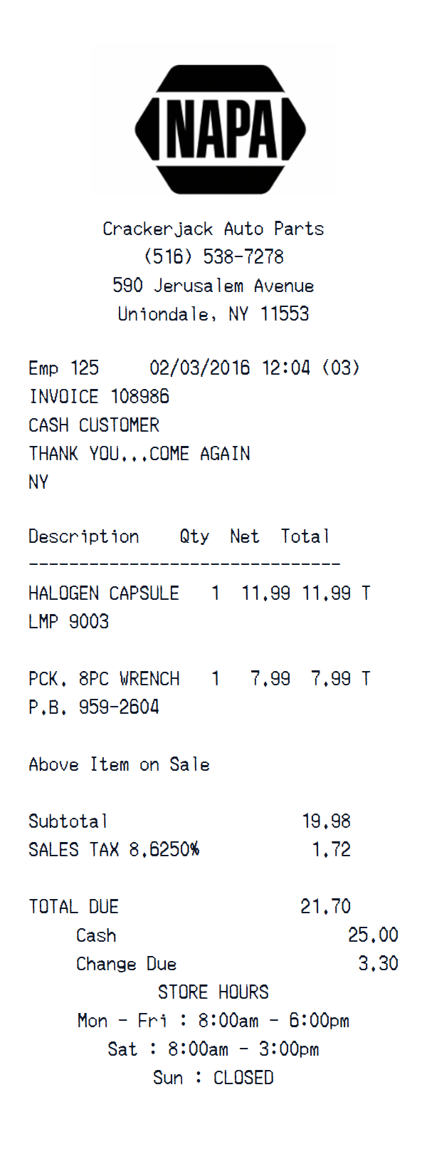 NAPA Auto Parts receipt example