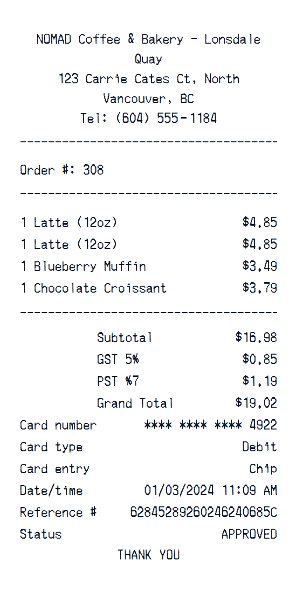 NOMAD Coffee & Bakery Receipt preview