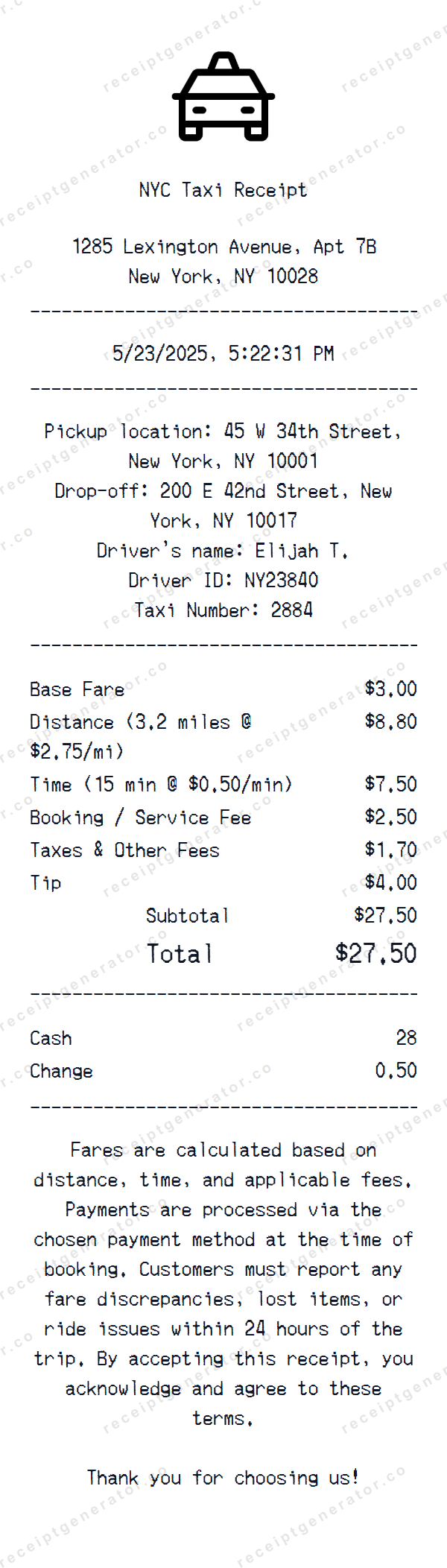 NYC Taxi Receipt Template NYC Taxi receipt template preview — realistic NYC Taxi receipt with items, prices, tax, and payment details