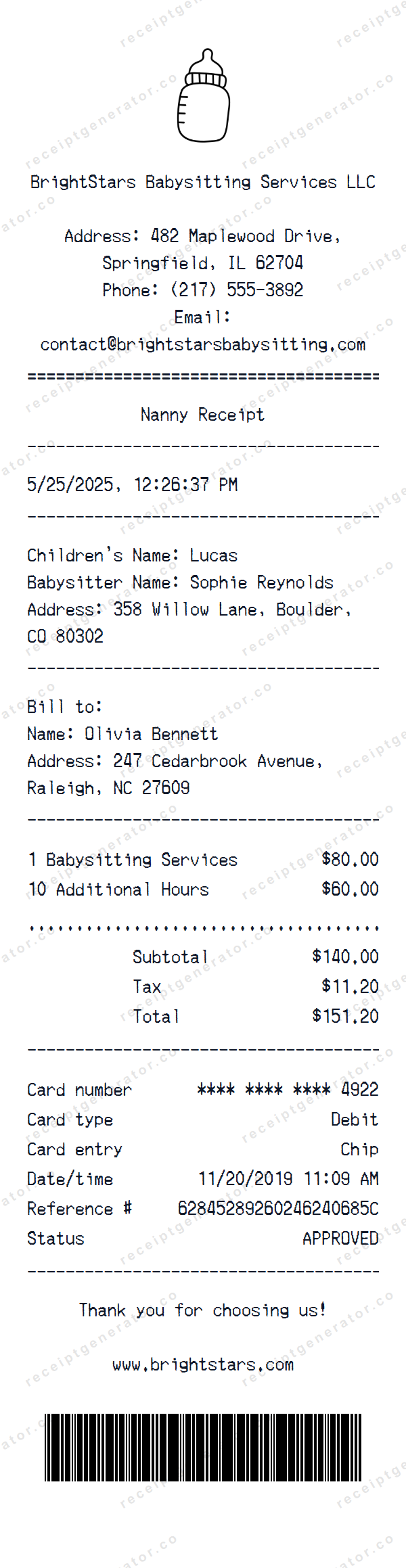 Nanny Receipt Template Nanny receipt template preview — realistic Nanny receipt with items, prices, tax, and payment details
