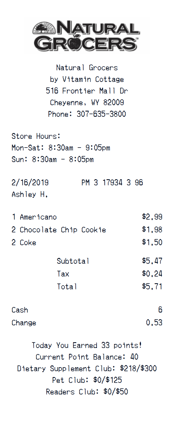 Natural Grocers receipt example