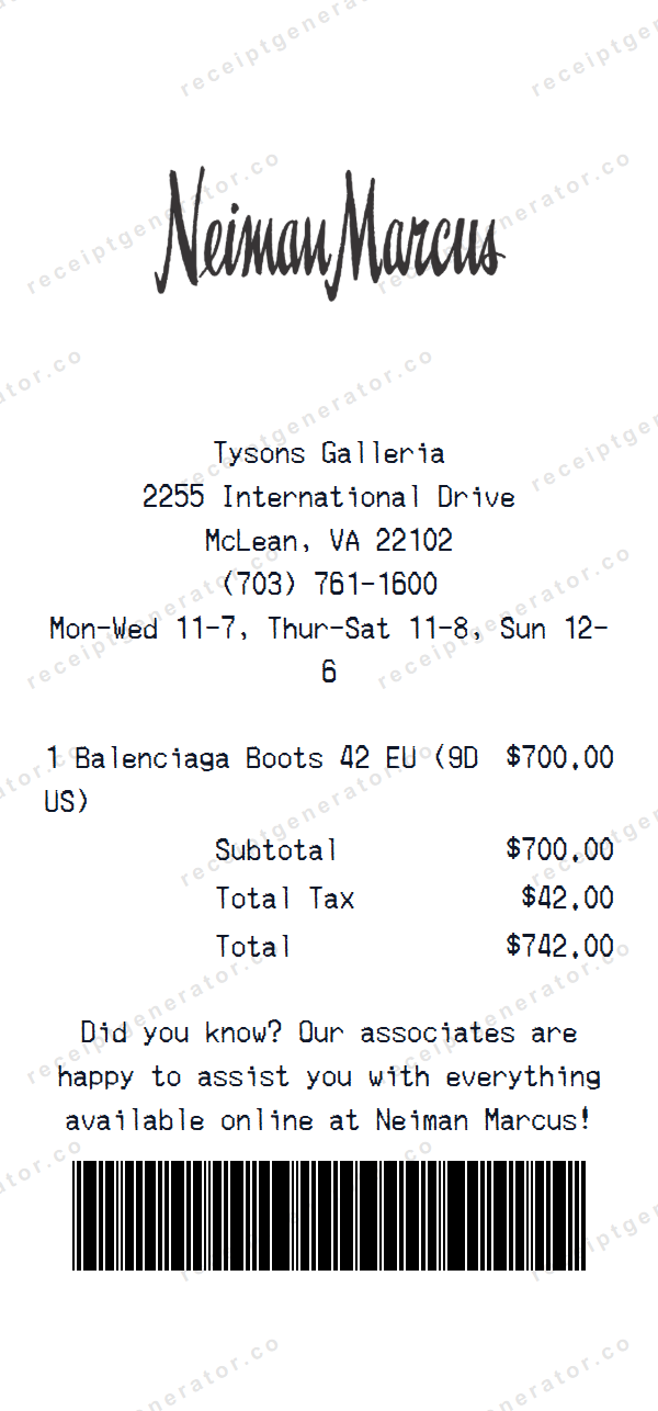 Neiman Marcus Receipt Template Neiman Marcus receipt template preview — realistic Neiman Marcus receipt with items, prices, tax, and payment details