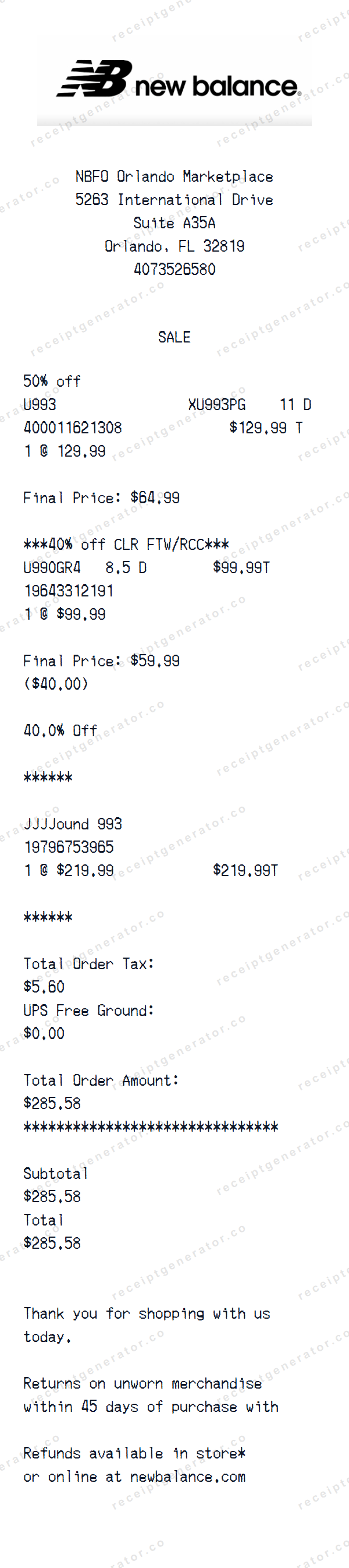 New Balance Receipt Template New Balance receipt template preview — realistic New Balance receipt with items, prices, tax, and payment details